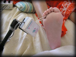 Patty's right foot with AbleNet string switch